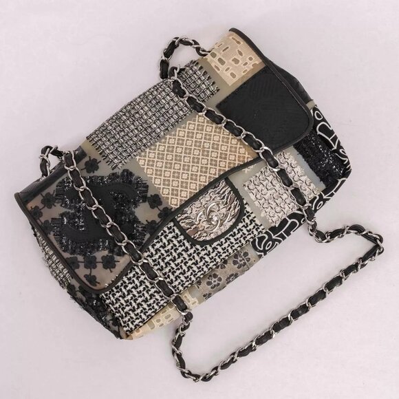 Authentic CHANEL PVC Tweed Patchwork Jumbo Single Flap Black - Picture 7 of 16